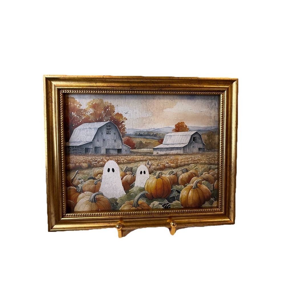 Halloween Ghost in Pumpkin Patch Painting Gold Frame Viral TikTok Cute‎